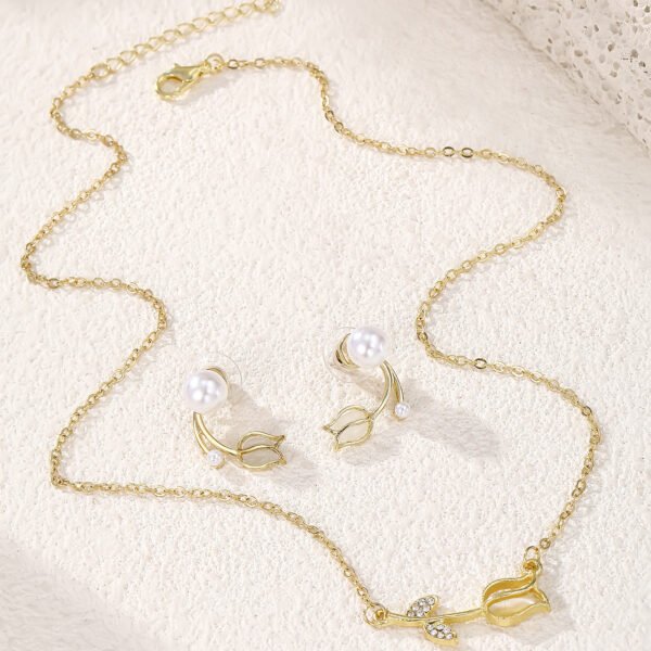 Tulip - Shaped Pearl Jewelry Set: Gold - Tone Necklace and Earrings, Fashion Jewelry for Women, Perfect for Daily & Party Wear - 图片 6