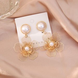 Gold Wire Flower Drop Earrings with Pearl - Elegant Floral Statement Earrings