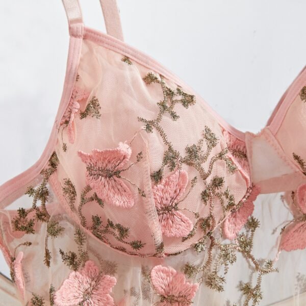 Lavender Butterfly Embroidered Sheer Mesh Lingerie Set - Romantic Babydoll Nightdress & Thong for Women - 图片 7