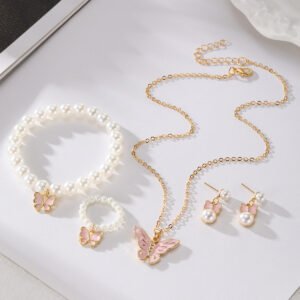 Butterfly & Pearl Jewelry Set for Women: Necklace, Earrings, Bracelet, Ring - Cute Fashion Jewelry Set, Perfect for Daily Wear & Gifts