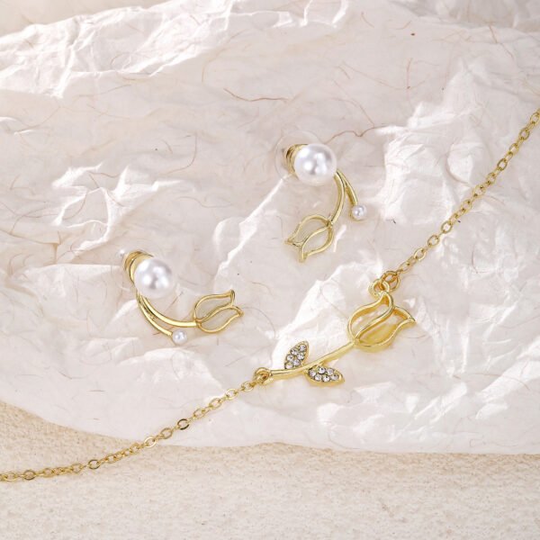 Tulip - Shaped Pearl Jewelry Set: Gold - Tone Necklace and Earrings, Fashion Jewelry for Women, Perfect for Daily & Party Wear - 图片 4