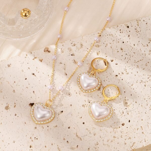Heart - Shaped Pearl Jewelry Set: Necklace and Earrings with Crystal Accents, Fashion Jewelry for Women, Ideal for Party & Daily Wear - 图片 3