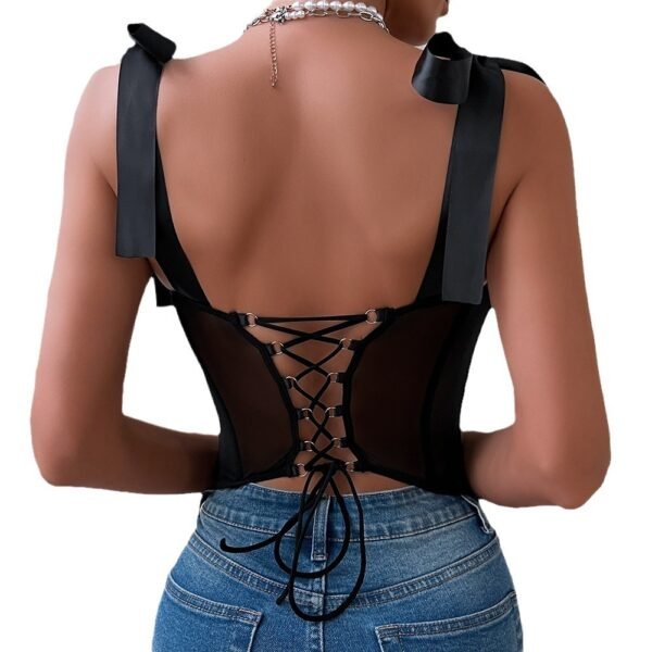 Black Sequin Mesh Corset Top with Bow Straps - Glamorous Sheer Bustier for Party & Night Out - 图片 3