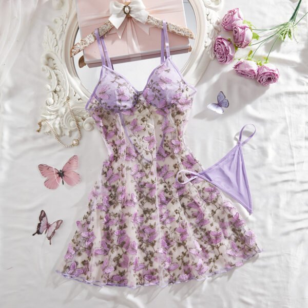 Lavender Butterfly Embroidered Sheer Mesh Lingerie Set - Romantic Babydoll Nightdress & Thong for Women - 图片 4