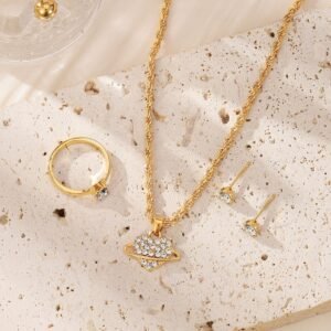 Celestial Planet Jewelry Set: Gold - Tone Necklace, Earrings & Ring with Crystal Accents, Trendy Fashion Jewelry for Women, Perfect for Daily Wear & Gifts