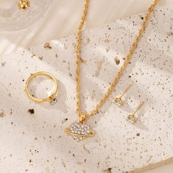 Celestial Planet Jewelry Set: Gold - Tone Necklace, Earrings & Ring with Crystal Accents, Trendy Fashion Jewelry for Women, Perfect for Daily Wear & Gifts