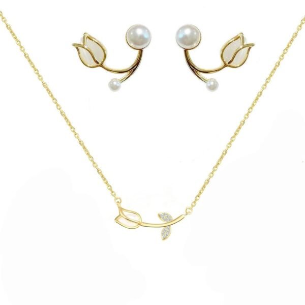 Tulip - Shaped Pearl Jewelry Set: Gold - Tone Necklace and Earrings, Fashion Jewelry for Women, Perfect for Daily & Party Wear - 图片 2