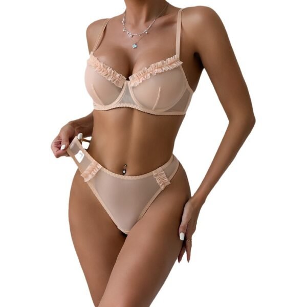 Wireless Bra Seamless Lingerie Sheer Mesh Lingerie Set with Ruffled Details - Elegant Nude Bra and Thong Set - 图片 5
