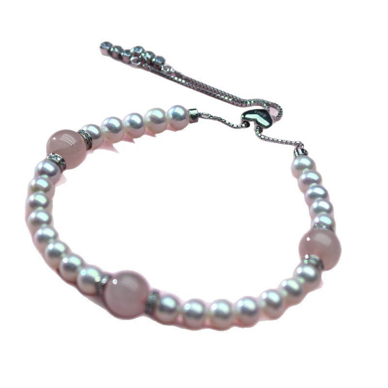 Pearl Bracelet 5-6mm Pearls + 8mm Rose Quartz Pink Crystal - 图片 7