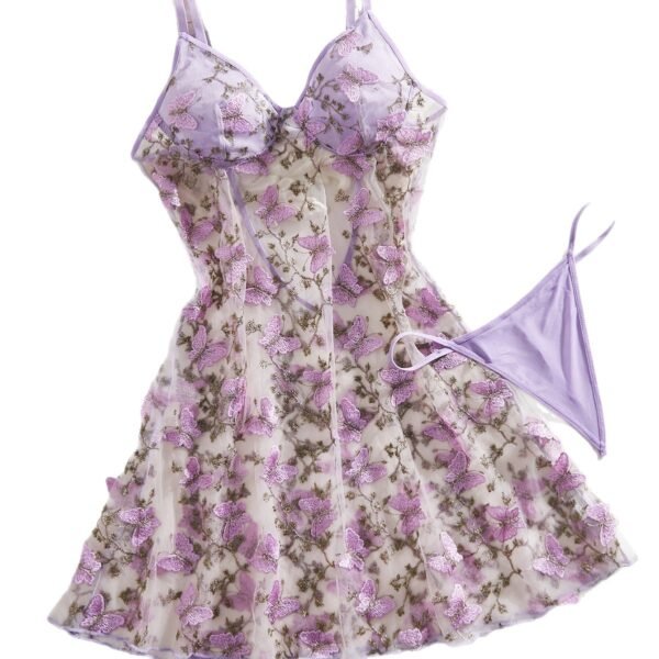 Lavender Butterfly Embroidered Sheer Mesh Lingerie Set - Romantic Babydoll Nightdress & Thong for Women - 图片 5