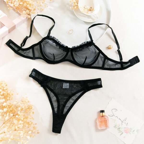 Wireless Bra Seamless Lingerie Sheer Mesh Lingerie Set with Ruffled Details - Elegant Nude Bra and Thong Set - 图片 7