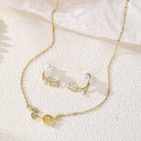 Tulip - Shaped Pearl Jewelry Set: Gold - Tone Necklace and Earrings, Fashion Jewelry for Women, Perfect for Daily & Party Wear - 图片 3