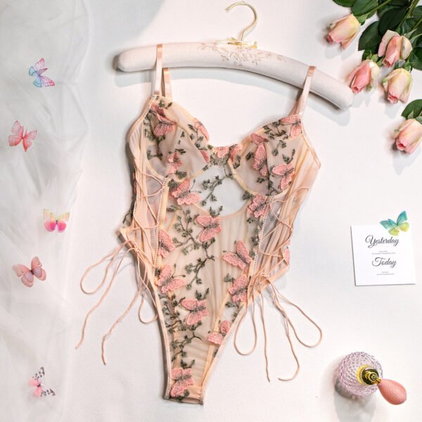 Butterfly Floral Embroidered Sheer Mesh Bodysuit Romantic Lace Up Lingerie - 图片 7