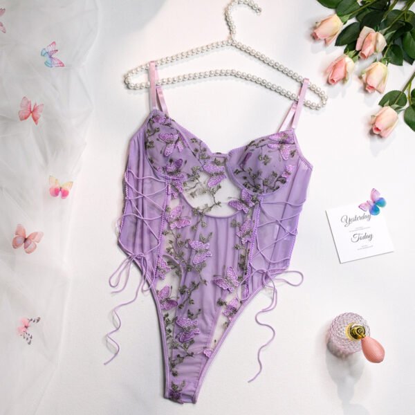 Butterfly Floral Embroidered Sheer Mesh Bodysuit Romantic Lace Up Lingerie - 图片 8