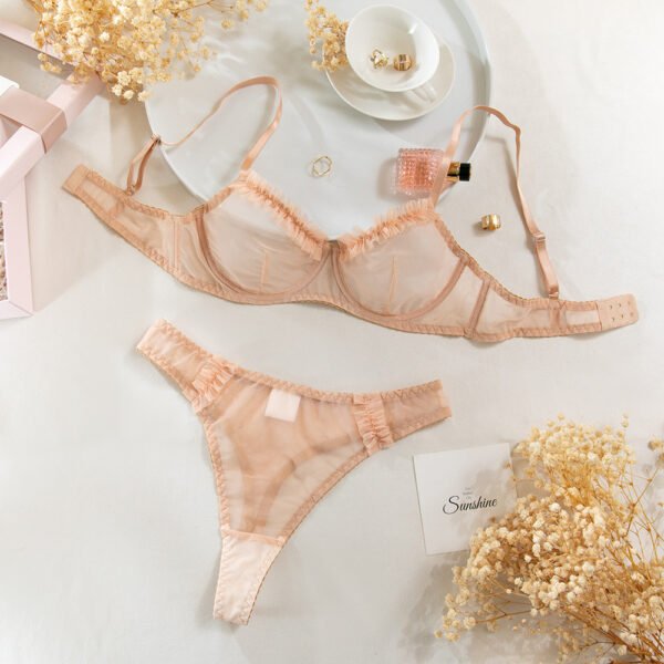 Wireless Bra Seamless Lingerie Sheer Mesh Lingerie Set with Ruffled Details - Elegant Nude Bra and Thong Set - 图片 9