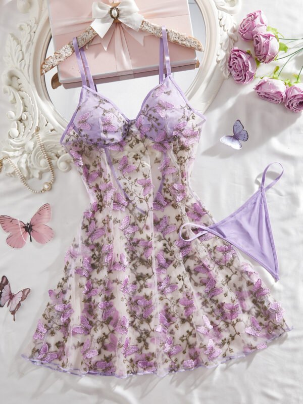 Lavender Butterfly Embroidered Sheer Mesh Lingerie Set - Romantic Babydoll Nightdress & Thong for Women - 图片 3