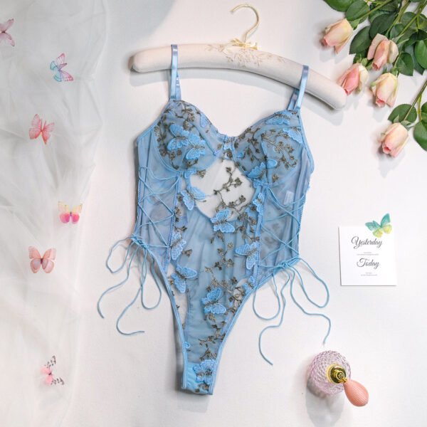 Butterfly Floral Embroidered Sheer Mesh Bodysuit Romantic Lace Up Lingerie - 图片 9