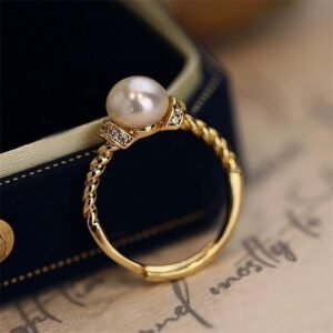 Gold Twisted Pearl Ring with Cubic Zirconia Jewelry for Women