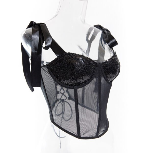 Black Sequin Mesh Corset Top with Bow Straps - Glamorous Sheer Bustier for Party & Night Out - 图片 6