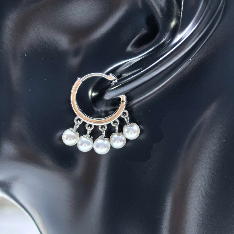 Silver 4-5mm Pearl Dangle Hoop Earrings Jewelry for Women - 图片 2