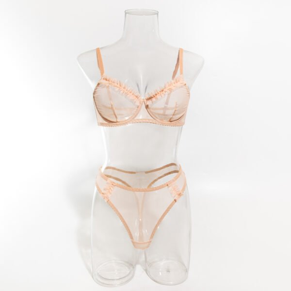 Wireless Bra Seamless Lingerie Sheer Mesh Lingerie Set with Ruffled Details - Elegant Nude Bra and Thong Set - 图片 6