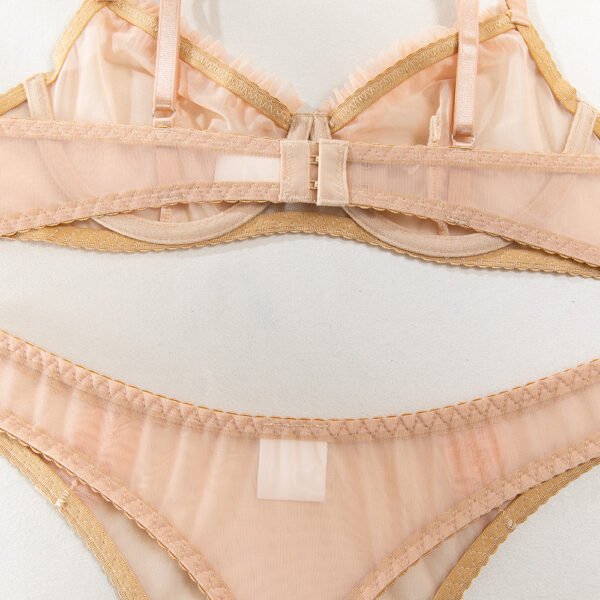 Wireless Bra Seamless Lingerie Sheer Mesh Lingerie Set with Ruffled Details - Elegant Nude Bra and Thong Set - 图片 11