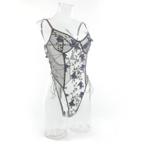 Butterfly Floral Embroidered Sheer Mesh Bodysuit Romantic Lace Up Lingerie - 图片 10