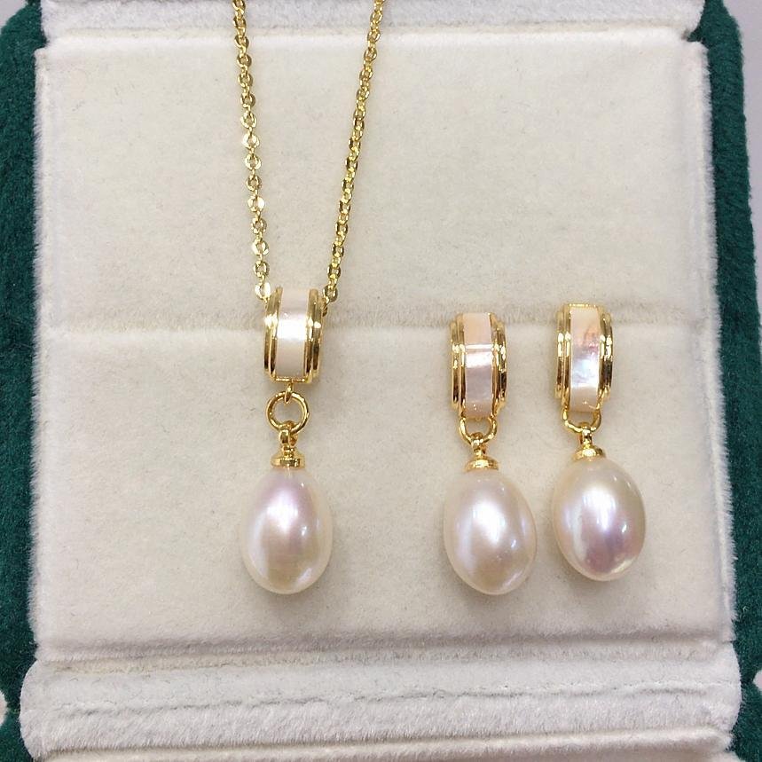 Highlight 5A Grade Natural Pearl Pendant Stud Earrings Set - 图片 5