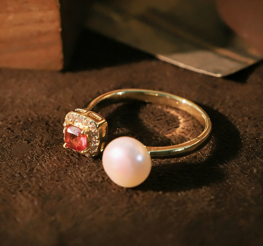 Natural Pearl Ring Red Zirconia - 图片 2
