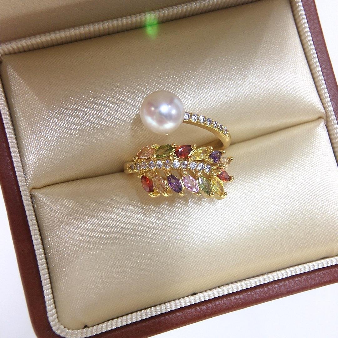 Multi-Color Diamond Olive Branch Pearl Ring - 图片 4