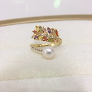 Multi-Color Diamond Olive Branch Pearl Ring
