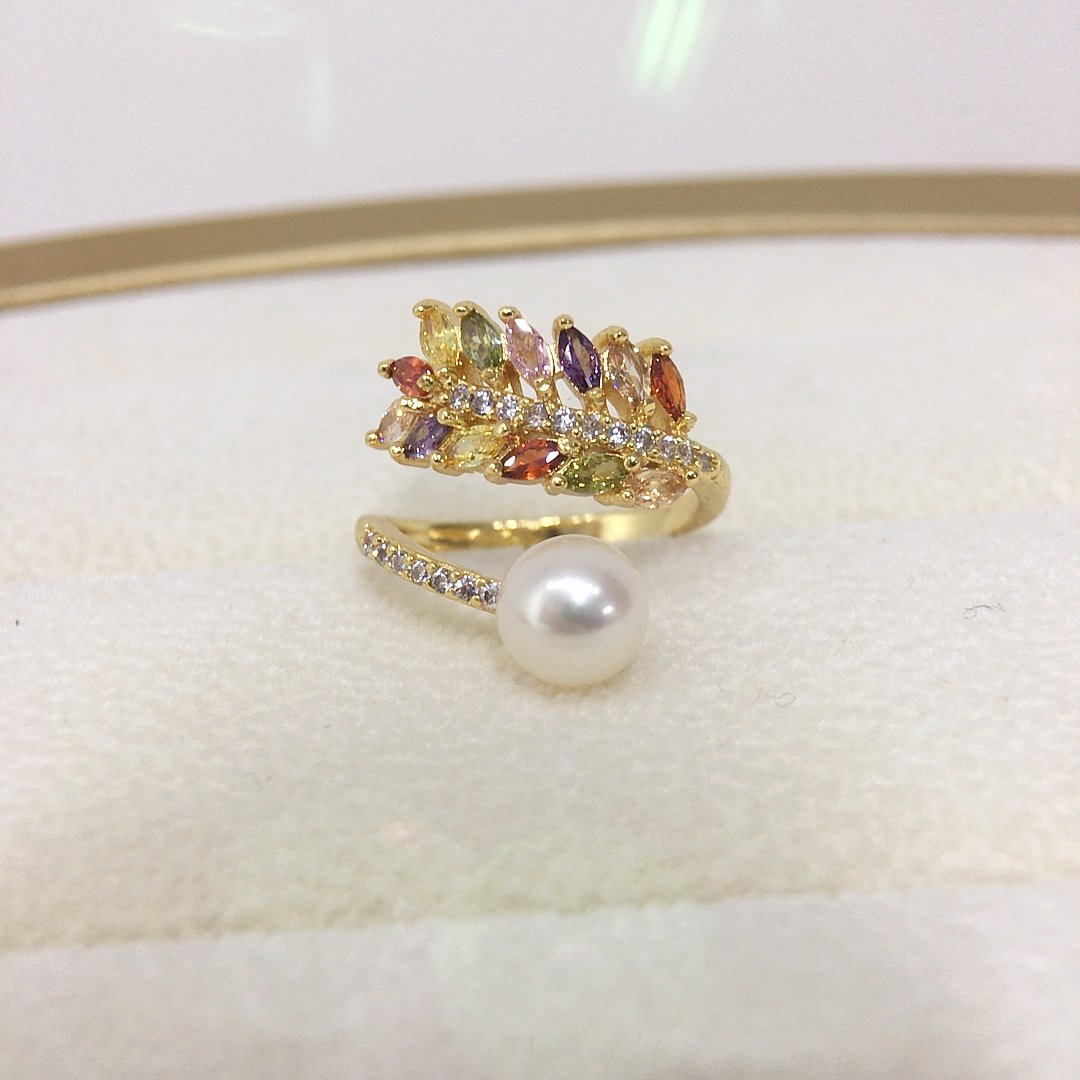 Multi-Color Diamond Olive Branch Pearl Ring