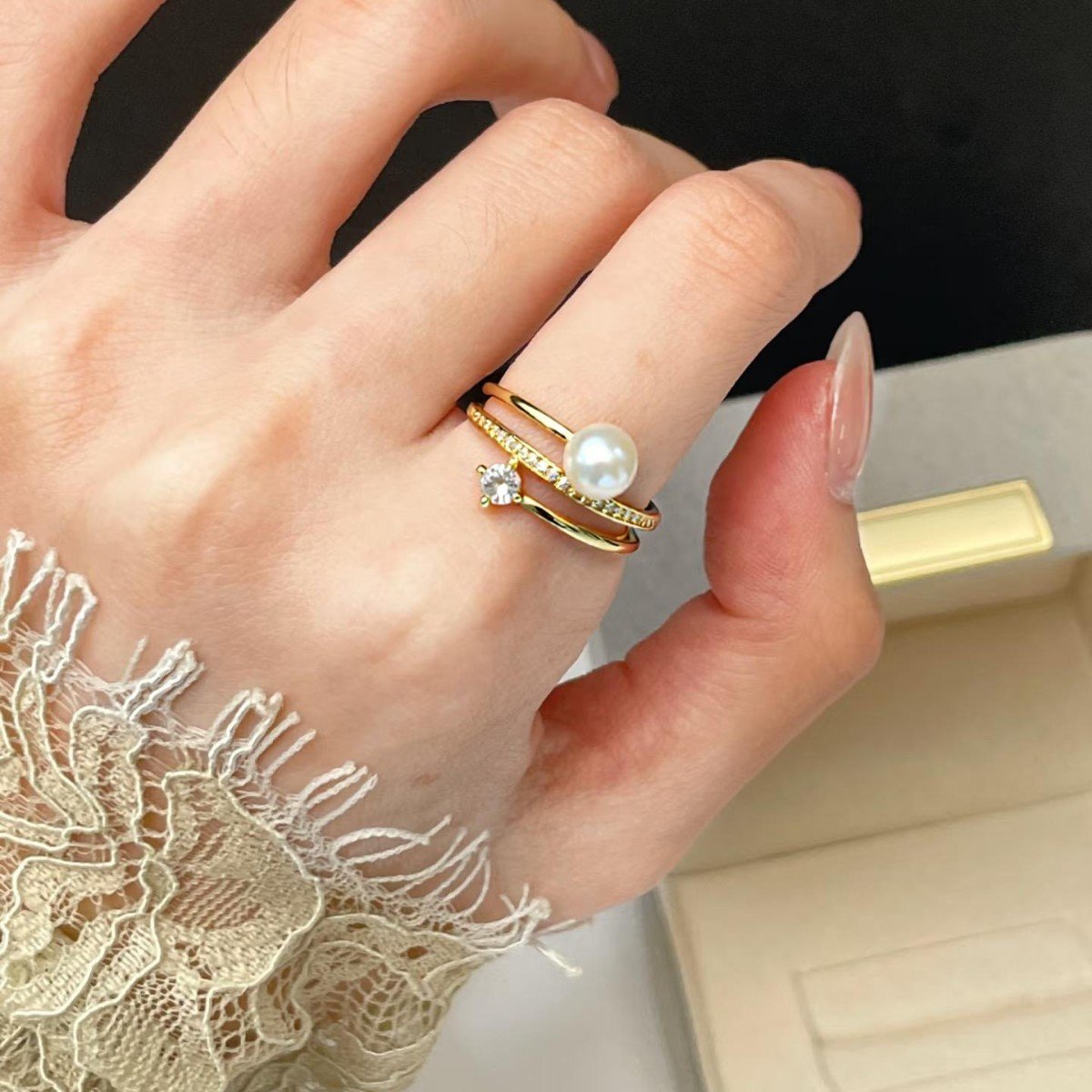 Diamond Pearl Ring: Light Luxury Niche Design Pearl Ring - 图片 2