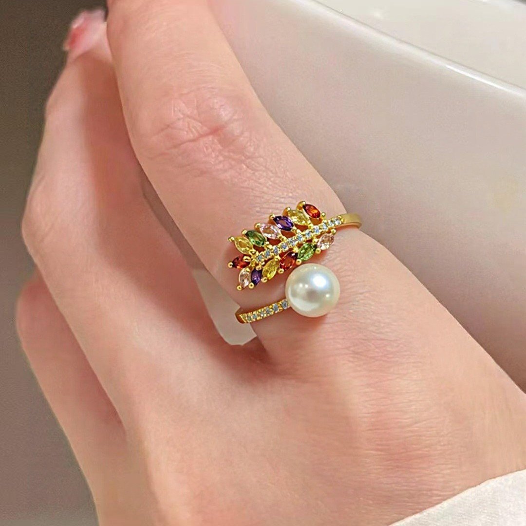Multi-Color Diamond Olive Branch Pearl Ring - 图片 2